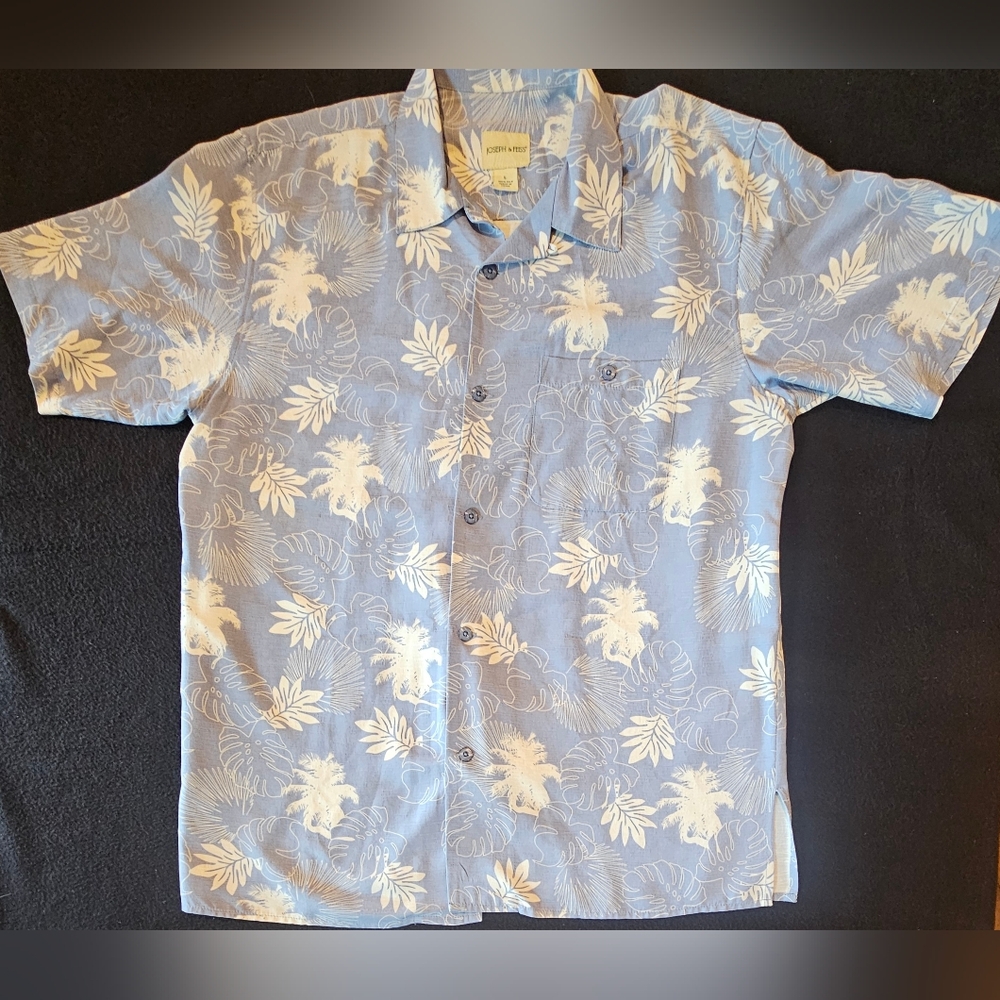 Joseph & Feiss Hawaiian Palm Print 100% Silk Loop Collar Button Shirt Size Lark